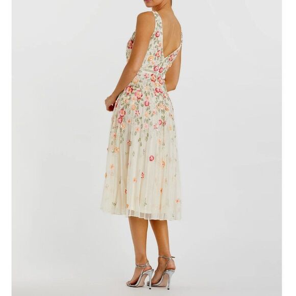 Mac Duggal 5527 Size 12 Ivory White Floral Beaded Sequin V-Neck Midi‎ Gown Dress - Picture 7 of 7